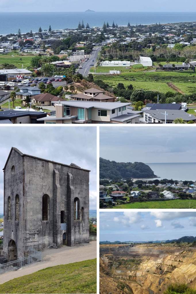 Collage of three pictures of Waihi and Waihi Beach landmarks and scenery